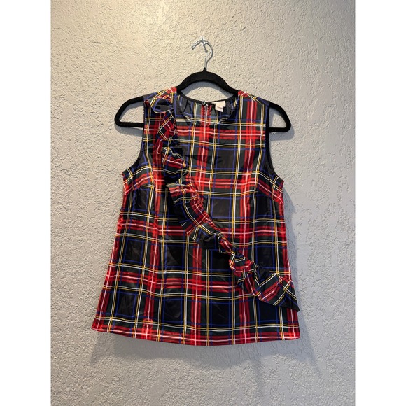 J. Crew Tops - J Crew Plaid Ruffle Sleeveless Top Size 0 Red Green Blue